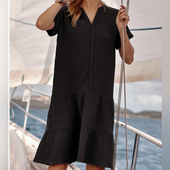 J.Jill Cotton-Gauze Tiered Dress Black - Picture 1 of 3